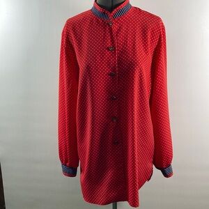 Johardin Blouse Women  Size 10 Red White Polka Dot w Navy Stripe Cuff Button Up